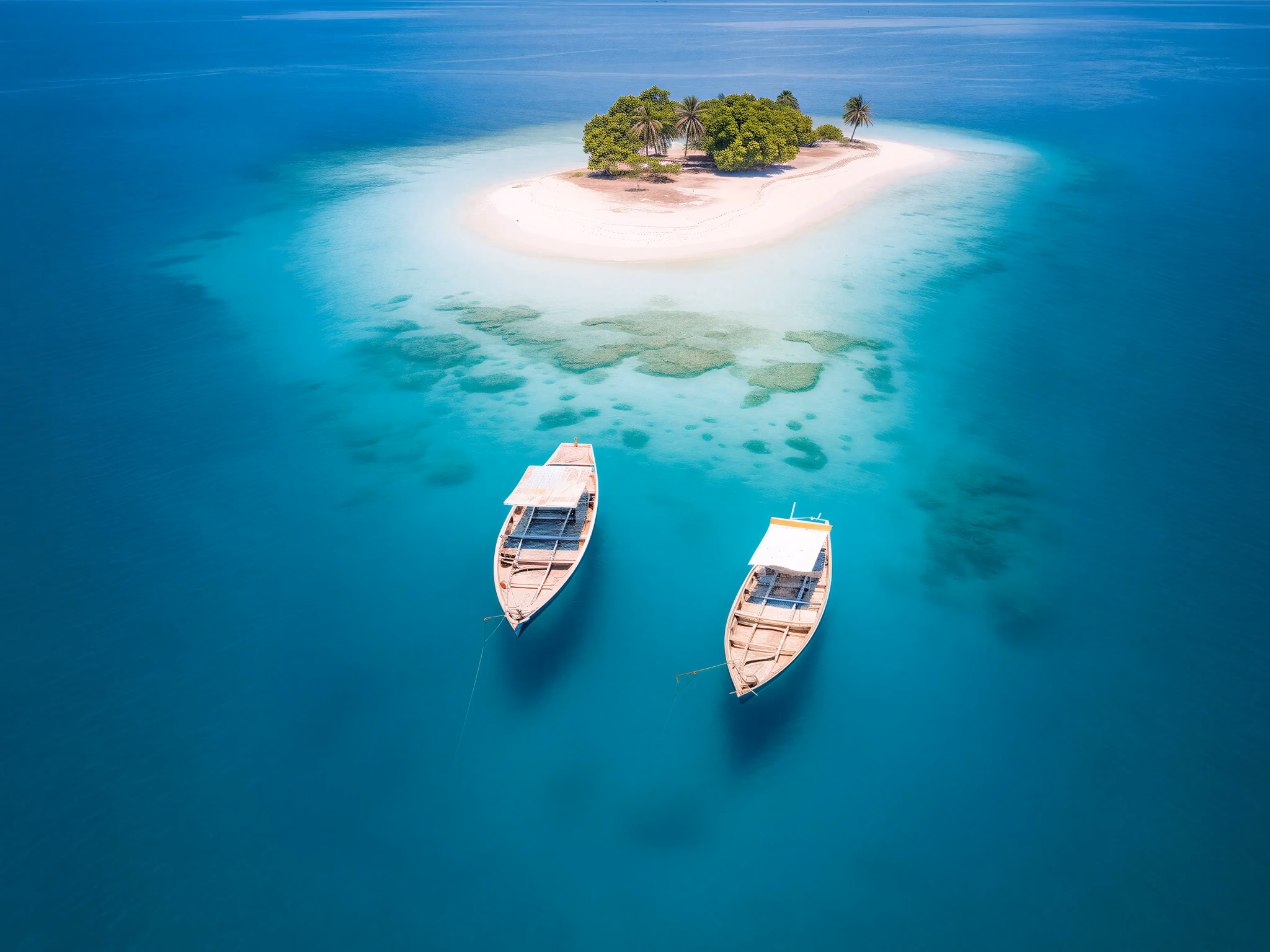 A tropical island surrounded by turquoise water